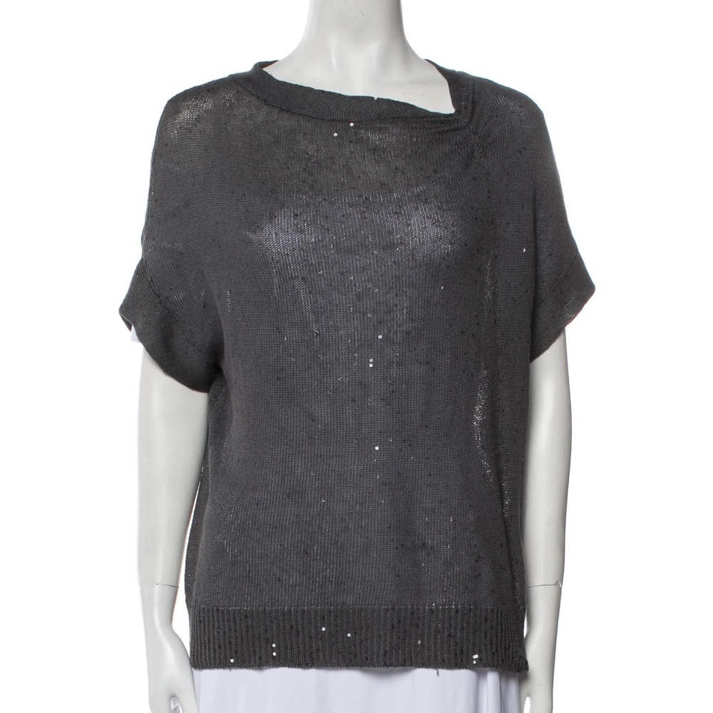 Brunello Cucinelli S Sequin Linen Silk Gray Short Sleeve Cowl Neck Top